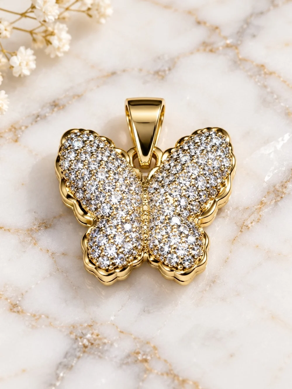 15k. Laminated Gold Butterfly Pendant Necklace - Sparkling Crystal Accent